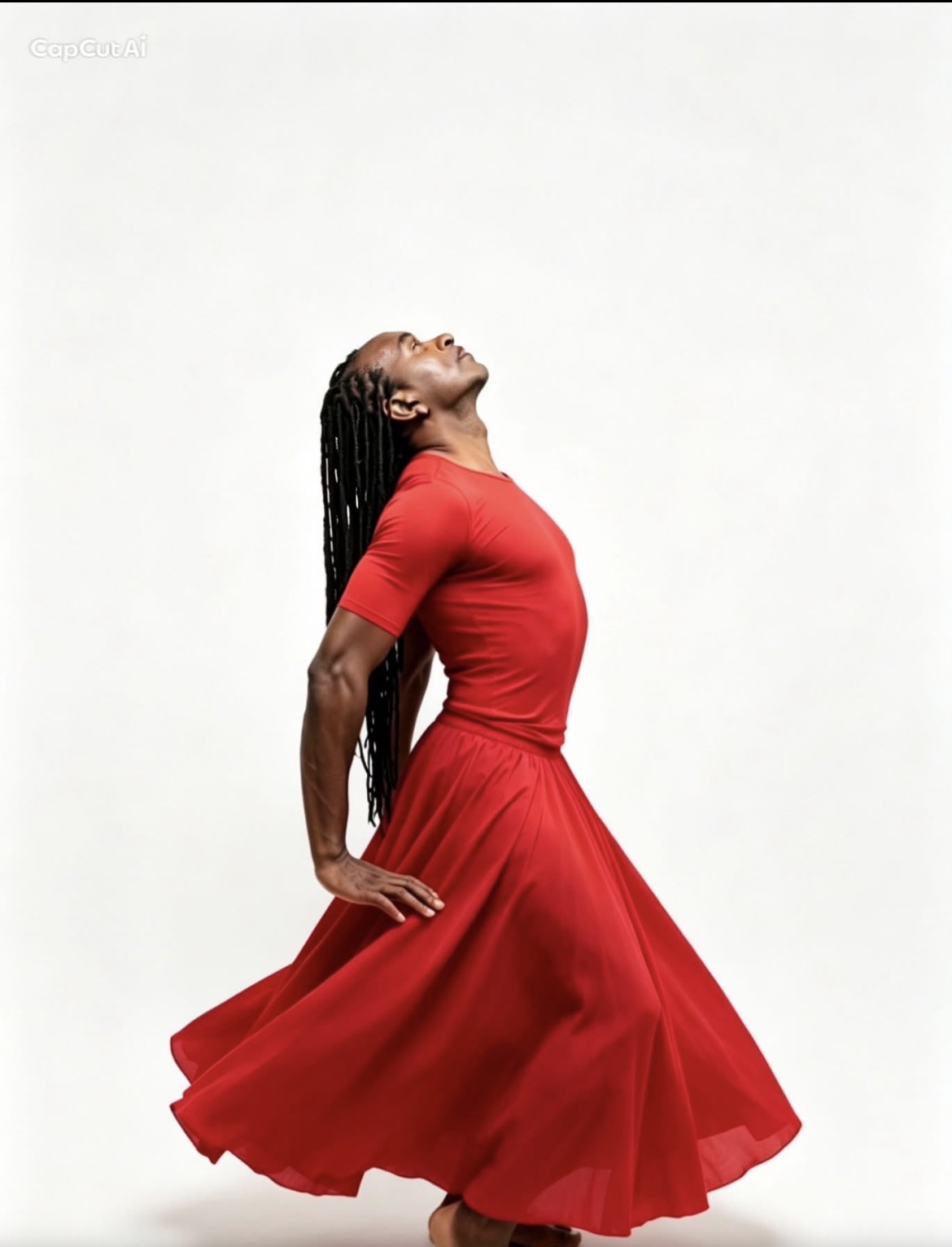 Zam Martino dans une ample tenue rouge en mouvement